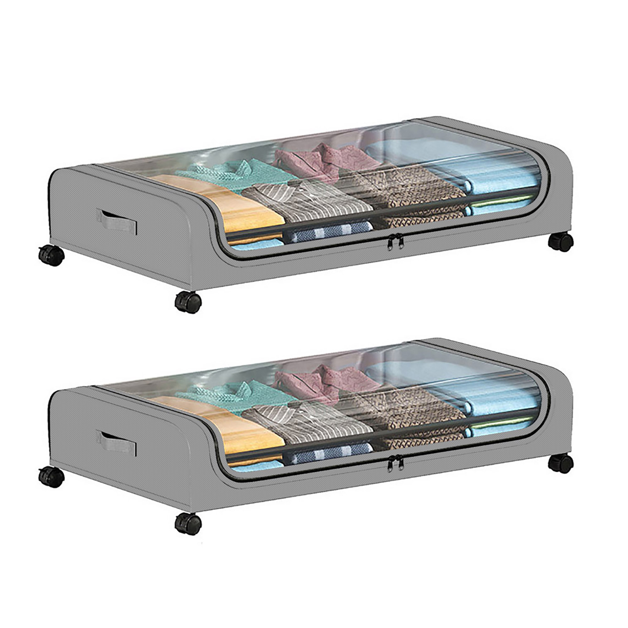 Under Bed Storage with Wheels, 2Pack Underbed Storage Containers with Clear Lid, XXL 60L Under the Bed Storage Bins Rolling Underbed Storage Organizer for Shoes, Clothes, Blankets, Books, Toys