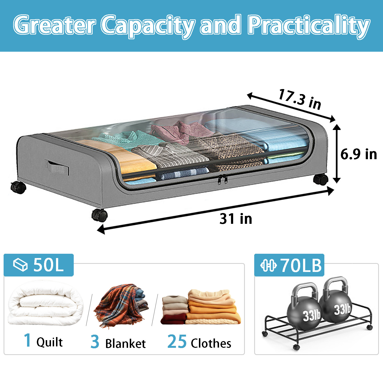 Under Bed Storage with Wheels, 2Pack Underbed Storage Containers with Clear Lid, XXL 60L Under the Bed Storage Bins Rolling Underbed Storage Organizer for Shoes, Clothes, Blankets, Books, Toys - View 2