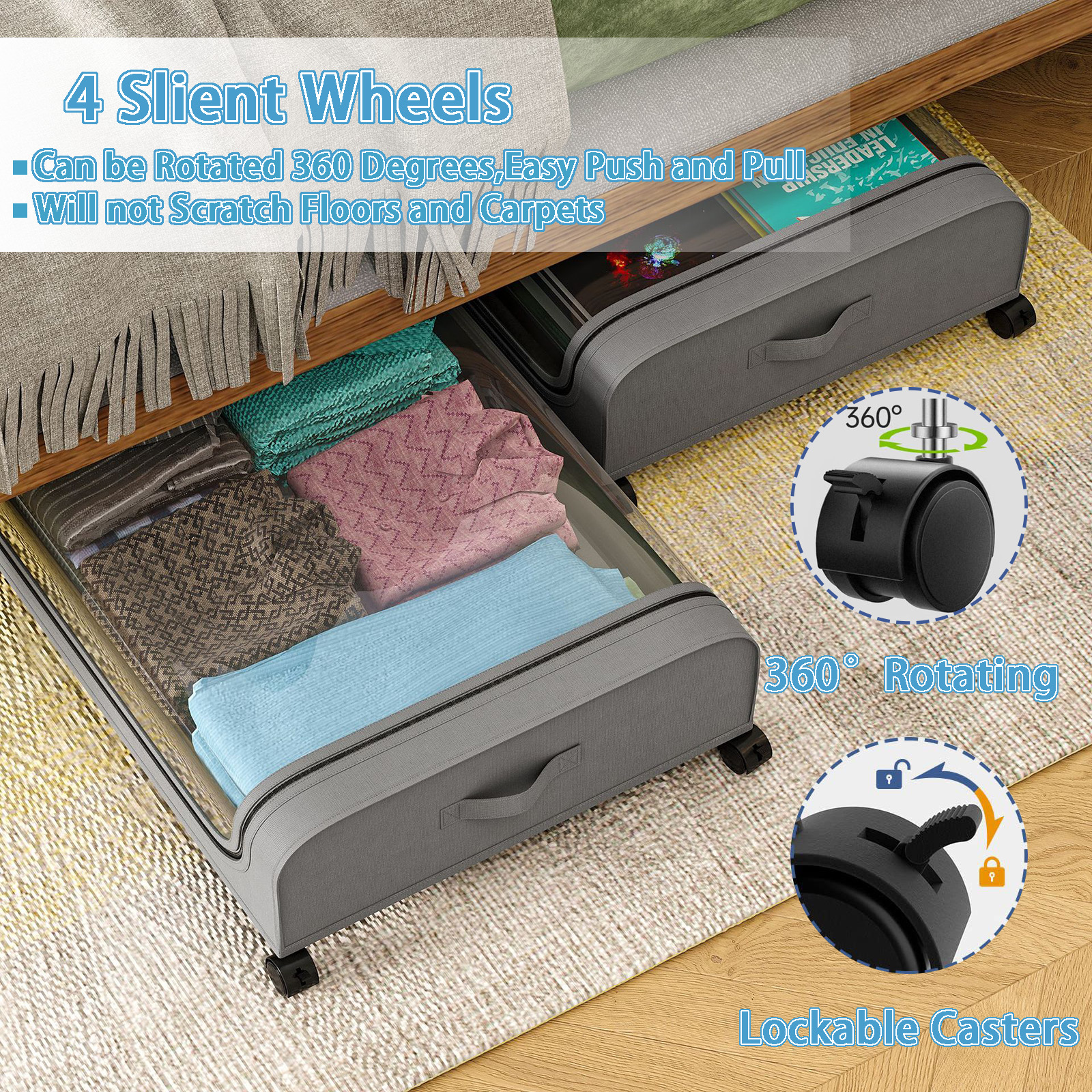 Under Bed Storage with Wheels, 2Pack Underbed Storage Containers with Clear Lid, XXL 60L Under the Bed Storage Bins Rolling Underbed Storage Organizer for Shoes, Clothes, Blankets, Books, Toys - View 3