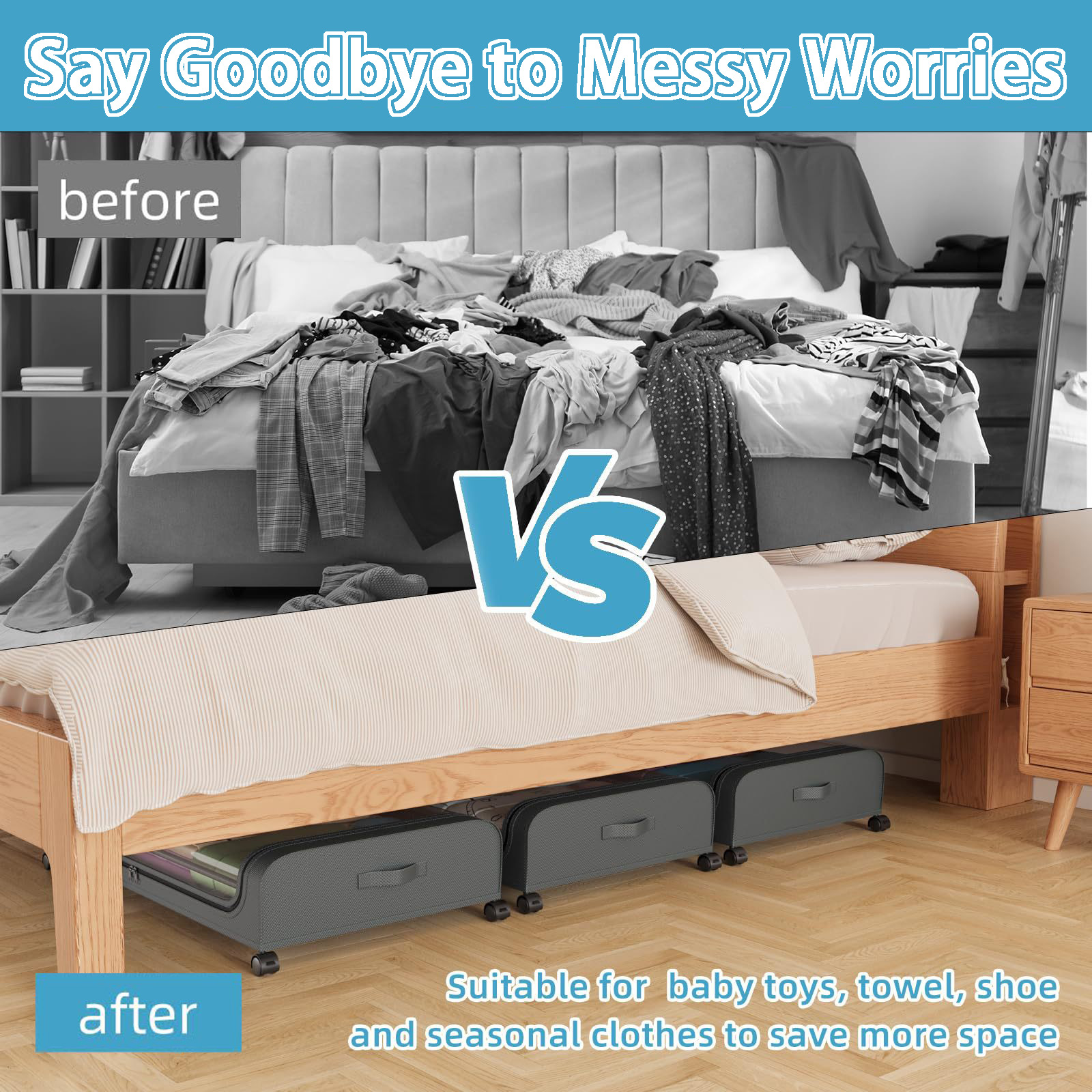 Under Bed Storage with Wheels, 2Pack Underbed Storage Containers with Clear Lid, XXL 60L Under the Bed Storage Bins Rolling Underbed Storage Organizer for Shoes, Clothes, Blankets, Books, Toys - View 6