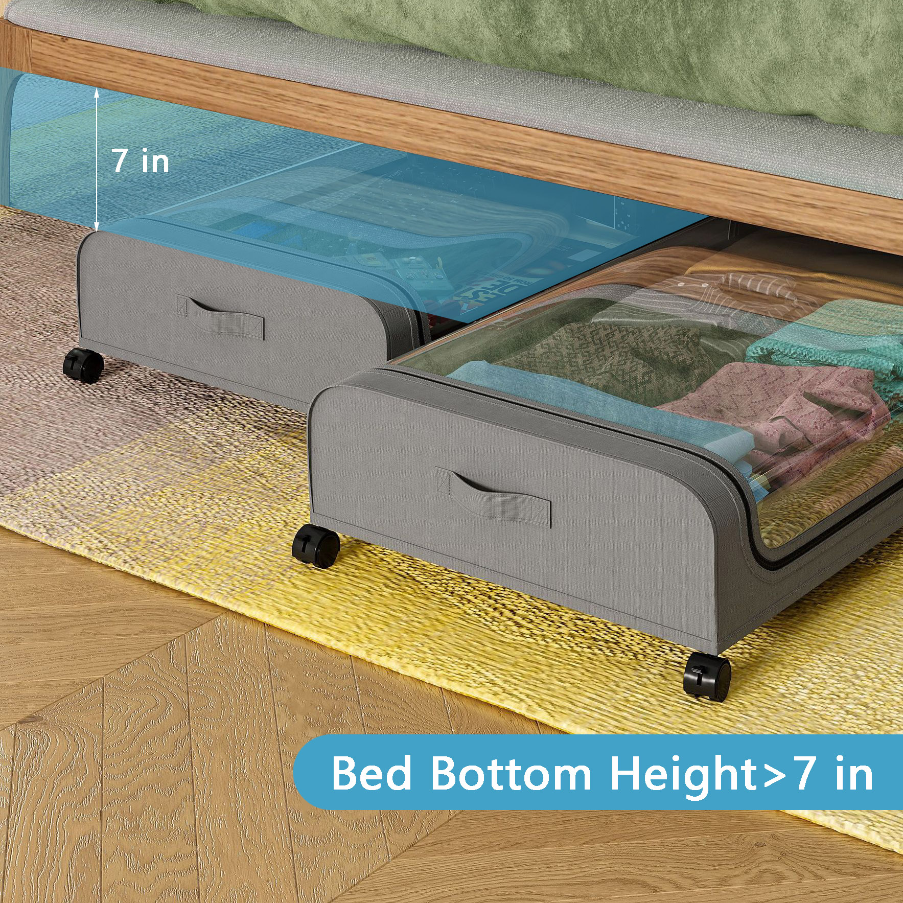 Under Bed Storage with Wheels, 2Pack Underbed Storage Containers with Clear Lid, XXL 60L Under the Bed Storage Bins Rolling Underbed Storage Organizer for Shoes, Clothes, Blankets, Books, Toys - View 7