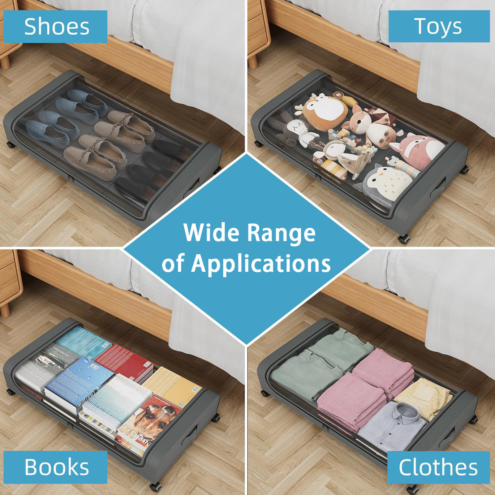 Under Bed Storage with Wheels, 2Pack Underbed Storage Containers with Clear Lid, XXL 60L Under the Bed Storage Bins Rolling Underbed Storage Organizer for Shoes, Clothes, Blankets, Books, Toys - View 8