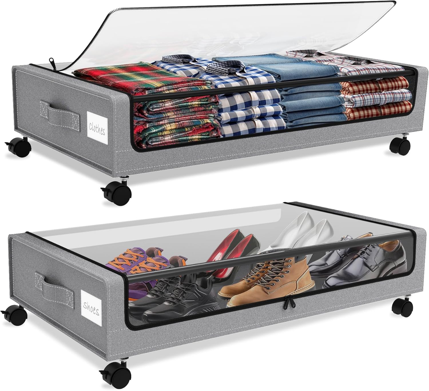 Under Bed Storage with Wheels, 2Pack Underbed Storage Containers with Clear Lid & Label, XXL 60L Under the Bed Storage Bins Rolling Underbed Storage Organizer for Shoes, Clothes, Blankets, Books, Toys