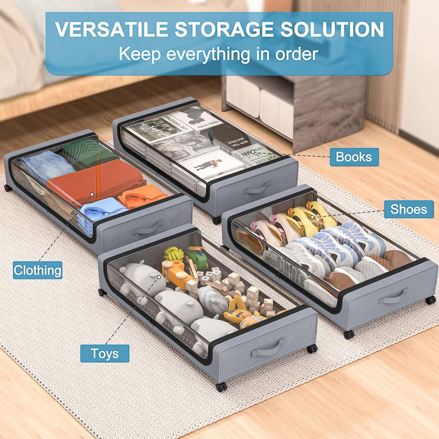 Under Bed Storage with Wheels, 2Pack Underbed Storage Containers with Clear Lid & Label, XXL 60L Under the Bed Storage Bins Rolling Underbed Storage Organizer for Shoes, Clothes, Blankets, Books, Toys - View 2