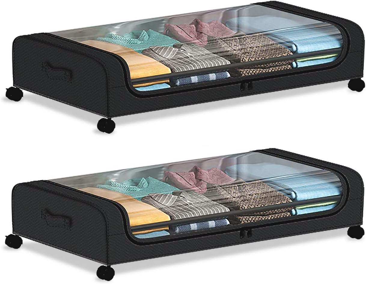 Under Bed Storage with Wheels, 2Pack Underbed Storage Containers with Clear Lid, XXL 60L Under the Bed Storage Bins Rolling Underbed Storage Organizer for Shoes, Clothes, Blankets, Books, Toys