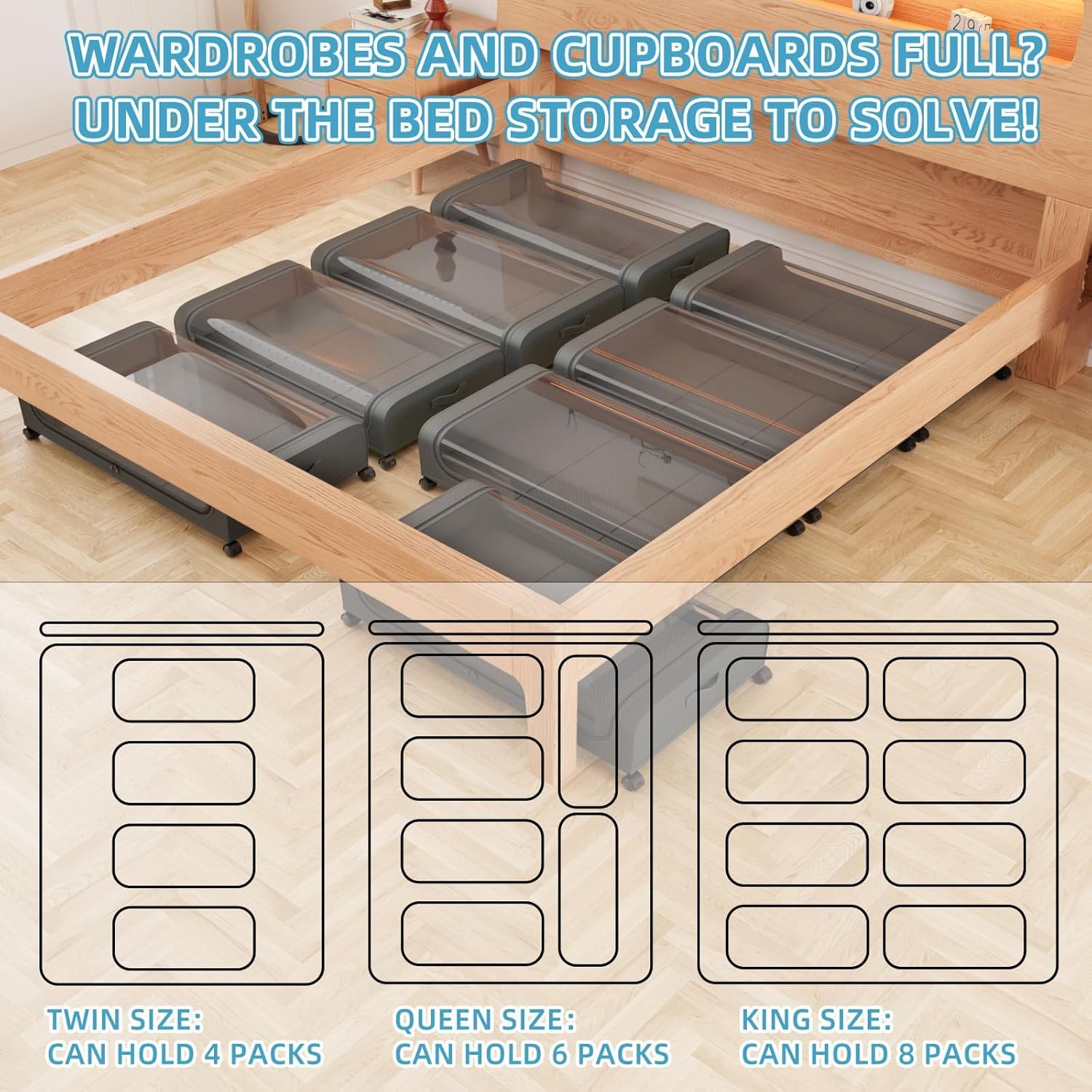 Under Bed Storage with Wheels, 2Pack Underbed Storage Containers with Clear Lid, XXL 60L Under the Bed Storage Bins Rolling Underbed Storage Organizer for Shoes, Clothes, Blankets, Books, Toys - View 2
