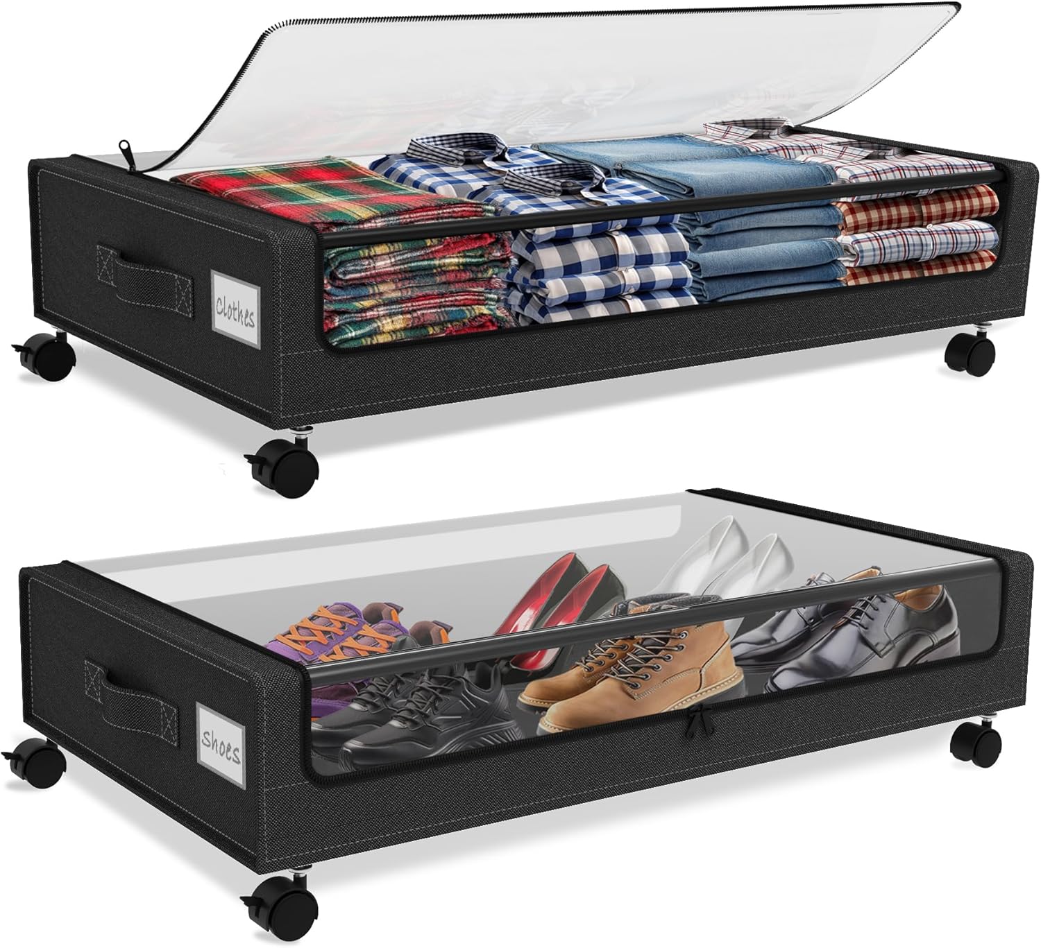 Under Bed Storage with Wheels, 2Pack Underbed Storage Containers with Clear Lid, XXL 60L Under the Bed Storage Bins Rolling Underbed Storage Organizer for Shoes, Clothes, Blankets, Books, Toys