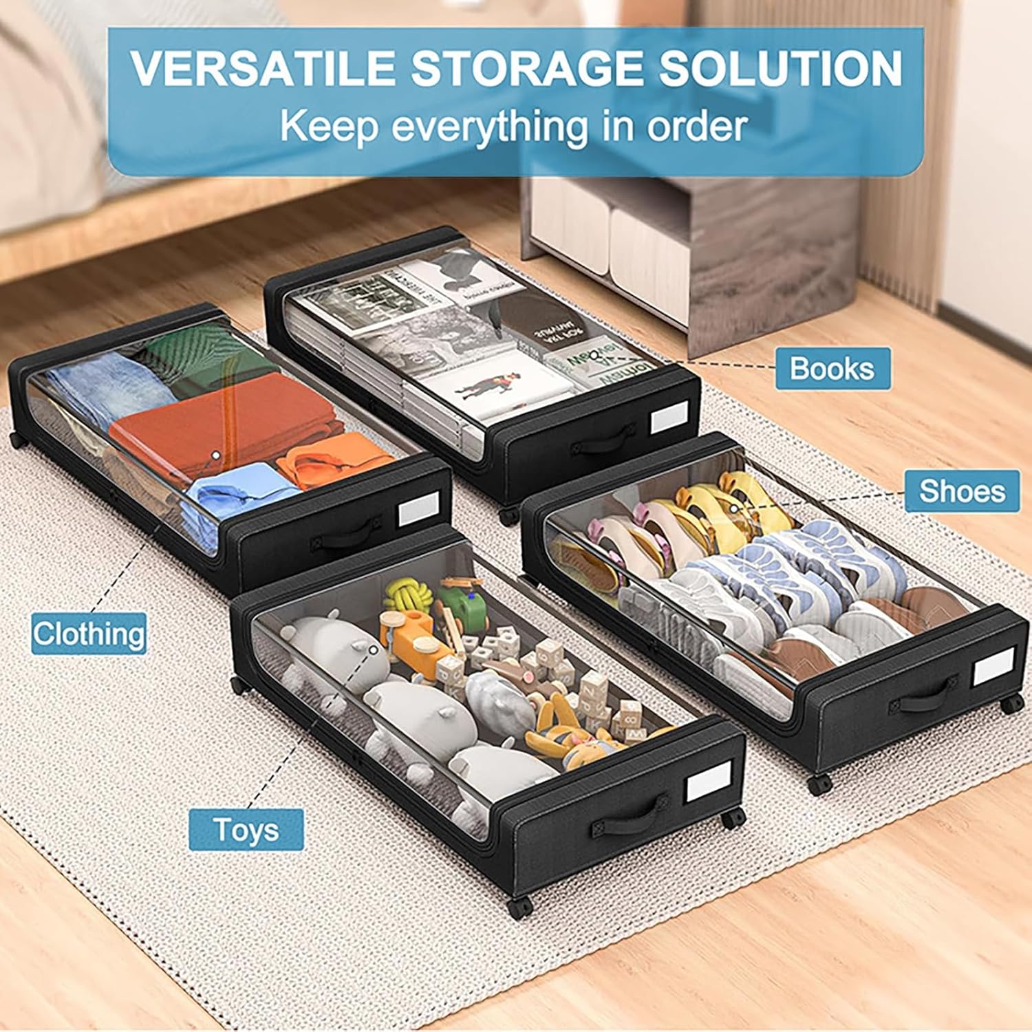 Under Bed Storage with Wheels, 2Pack Underbed Storage Containers with Clear Lid, XXL 60L Under the Bed Storage Bins Rolling Underbed Storage Organizer for Shoes, Clothes, Blankets, Books, Toys - View 2
