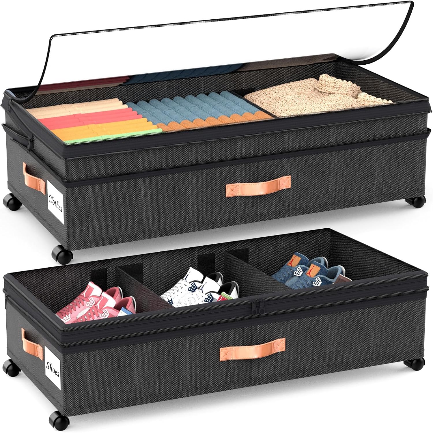 Under Bed Storage with Wheels, 2Pack Expandable UnderBed Storage Containers with Clear Lid & Label, XXL 70L Under The Bed Storage Bins for Clothes, Shoes, Blankets, Books, Toys (Black)
