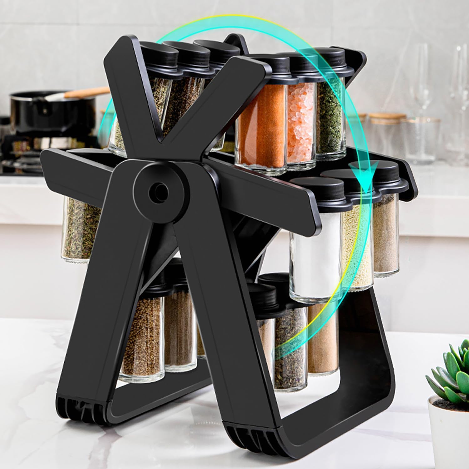 Rotating Spice Rack - Revolving Ferris Wheel Countertop Spice Organization with 18 Glass Spice Jars Countertop Spice Storage Rack for Families Kitchen - View 2
