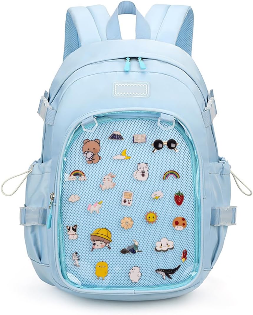 ZJYJING Ita Backpack with Pin Display Insert School Backpack for Girls Cute Ita Bag for Anime Badge Display (Blue)