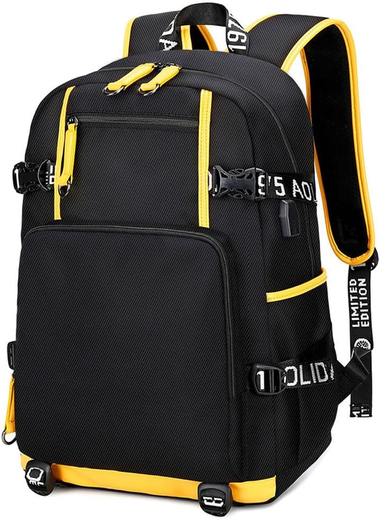 ZJYJING Laptop Backpack with USB Interface, Vintage Large Capacity Backpack for Travel, College, Casual Daypacks for Men Women, Fits 15.6-inch Laptop, Black and Yellow