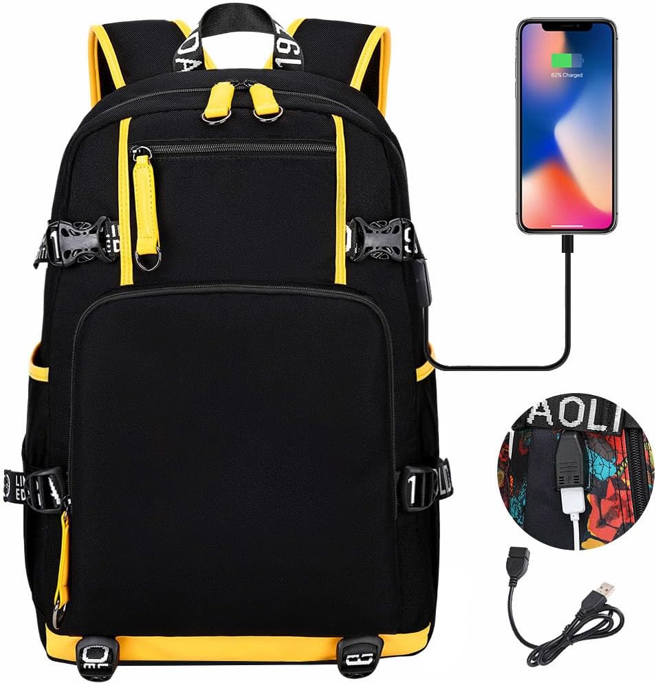 ZJYJING Laptop Backpack with USB Interface, Vintage Large Capacity Backpack for Travel, College, Casual Daypacks for Men Women, Fits 15.6-inch Laptop, Black and Yellow - View 2