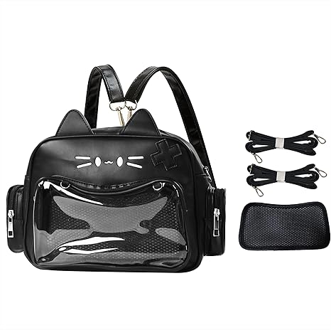 Kawaii Ita Bag Cat Backpack Y2k Girl Japanese School Bag Anime Shoulder Crossbody with Pin Display (Black)