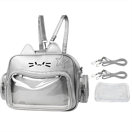 Kawaii Ita Bag Cat Backpack Y2k Girl Japanese School Bag Anime Shoulder Crossbody with Pin Display (Silver)
