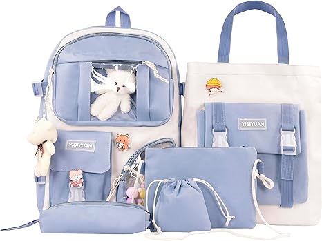 Kawaii Backpack for Girls 5 Pcs School Bookbag Cuet Kids Schoolbag with Accessories Crossbody Bags Pencil Case Handbag Coin Purse (Blue)