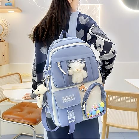 Kawaii Backpack for Girls 5 Pcs School Bookbag Cuet Kids Schoolbag with Accessories Crossbody Bags Pencil Case Handbag Coin Purse (Blue) - View 2