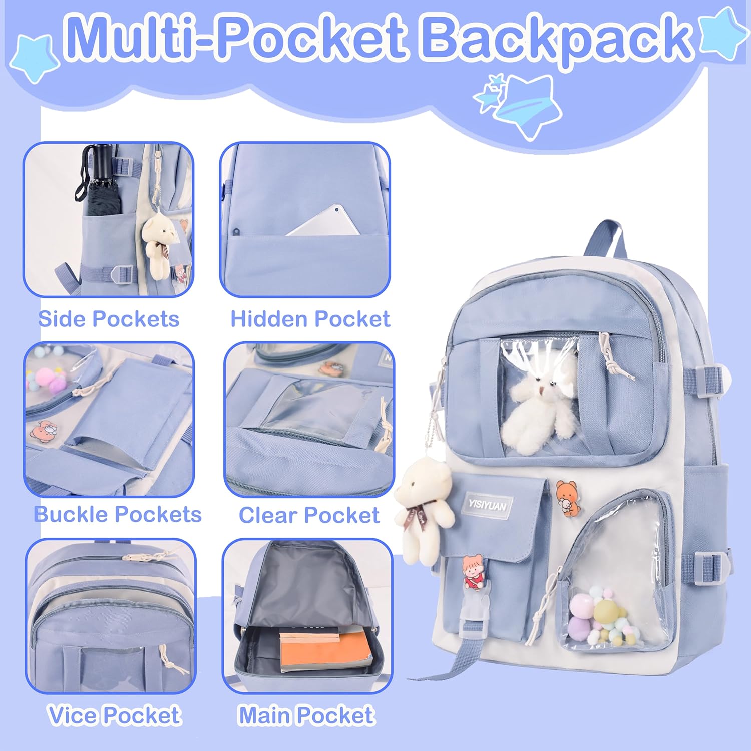 Kawaii Backpack for Girls 5 Pcs School Bookbag Cuet Kids Schoolbag with Accessories Crossbody Bags Pencil Case Handbag Coin Purse (Blue) - View 3