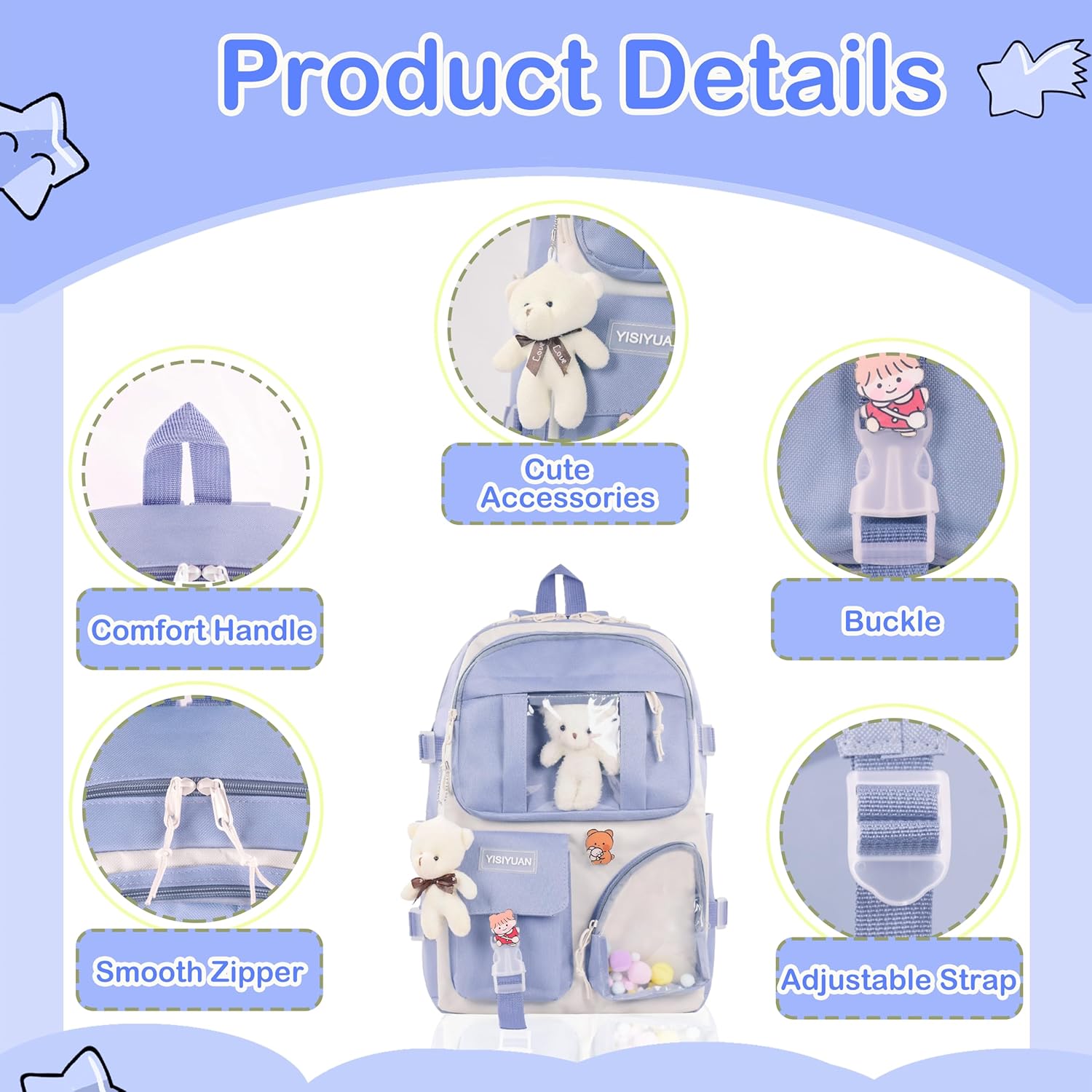 Kawaii Backpack for Girls 5 Pcs School Bookbag Cuet Kids Schoolbag with Accessories Crossbody Bags Pencil Case Handbag Coin Purse (Blue) - View 4