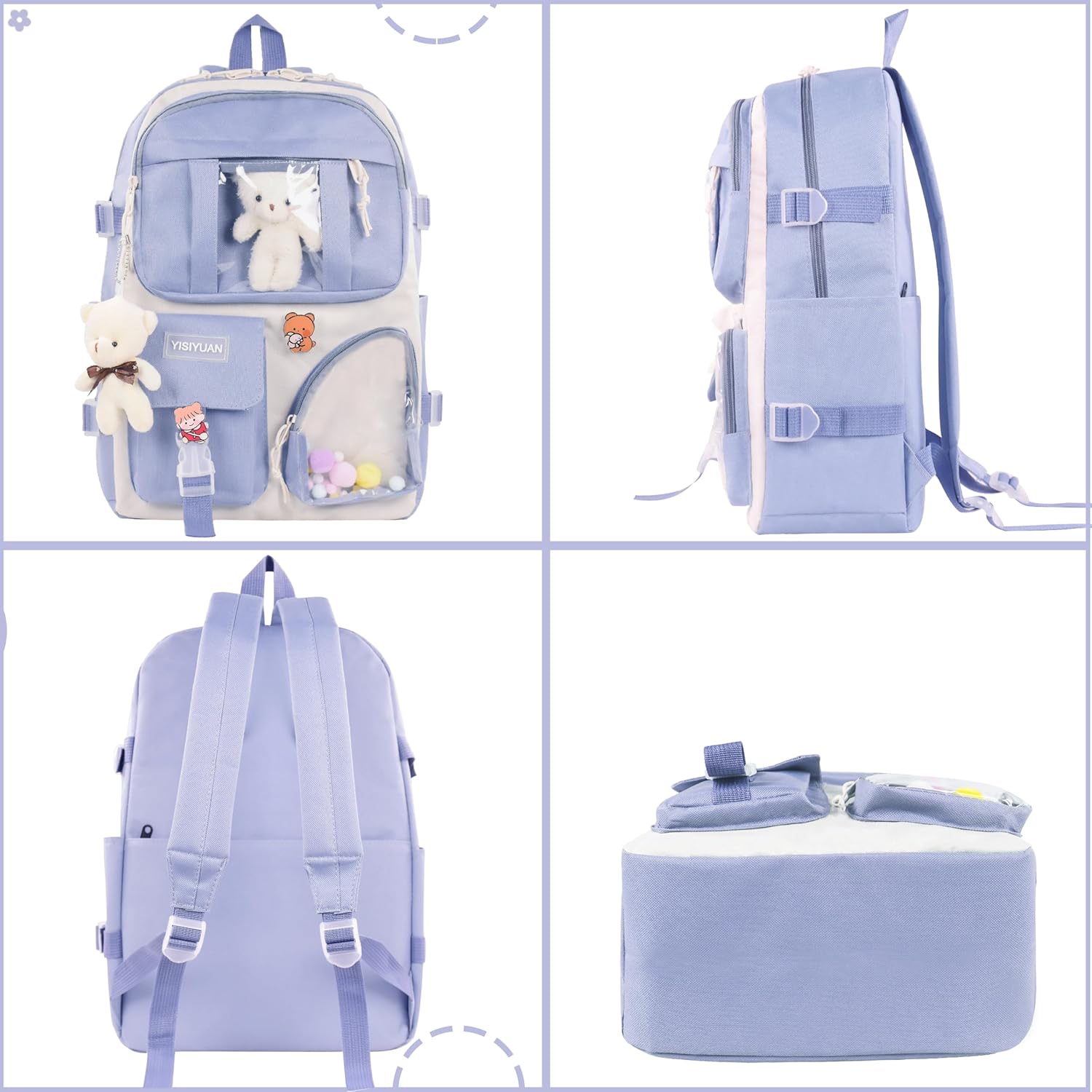 Kawaii Backpack for Girls 5 Pcs School Bookbag Cuet Kids Schoolbag with Accessories Crossbody Bags Pencil Case Handbag Coin Purse (Blue) - View 5