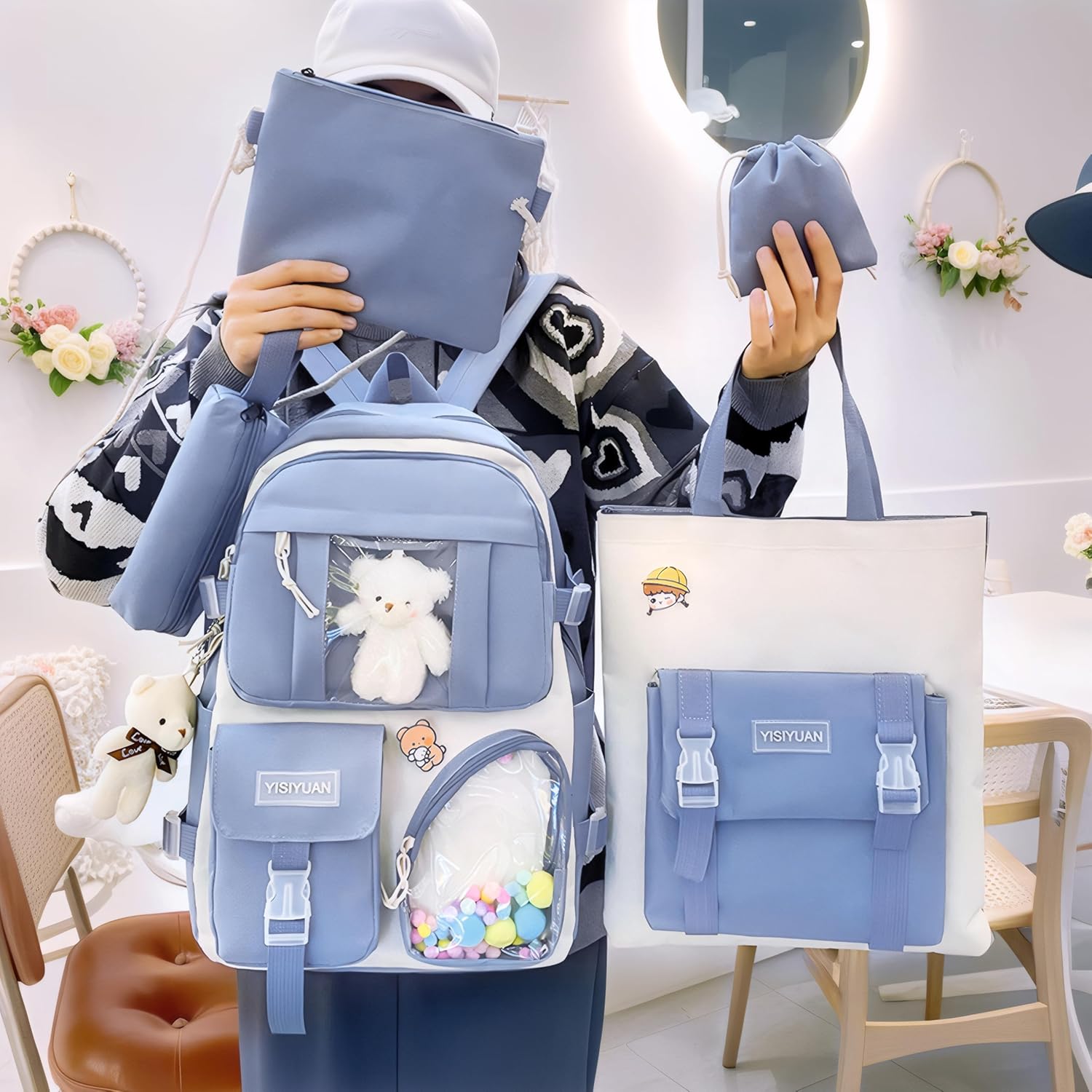 Kawaii Backpack for Girls 5 Pcs School Bookbag Cuet Kids Schoolbag with Accessories Crossbody Bags Pencil Case Handbag Coin Purse (Blue) - View 8