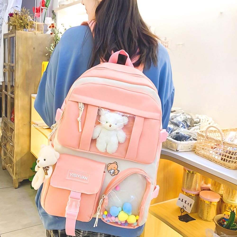 Kawaii Backpack for Girls 5 Pcs School Bookbag Cuet Kids Schoolbag with Accessories Crossbody Bags Pencil Case Handbag Coin Purse (Pink) - View 2