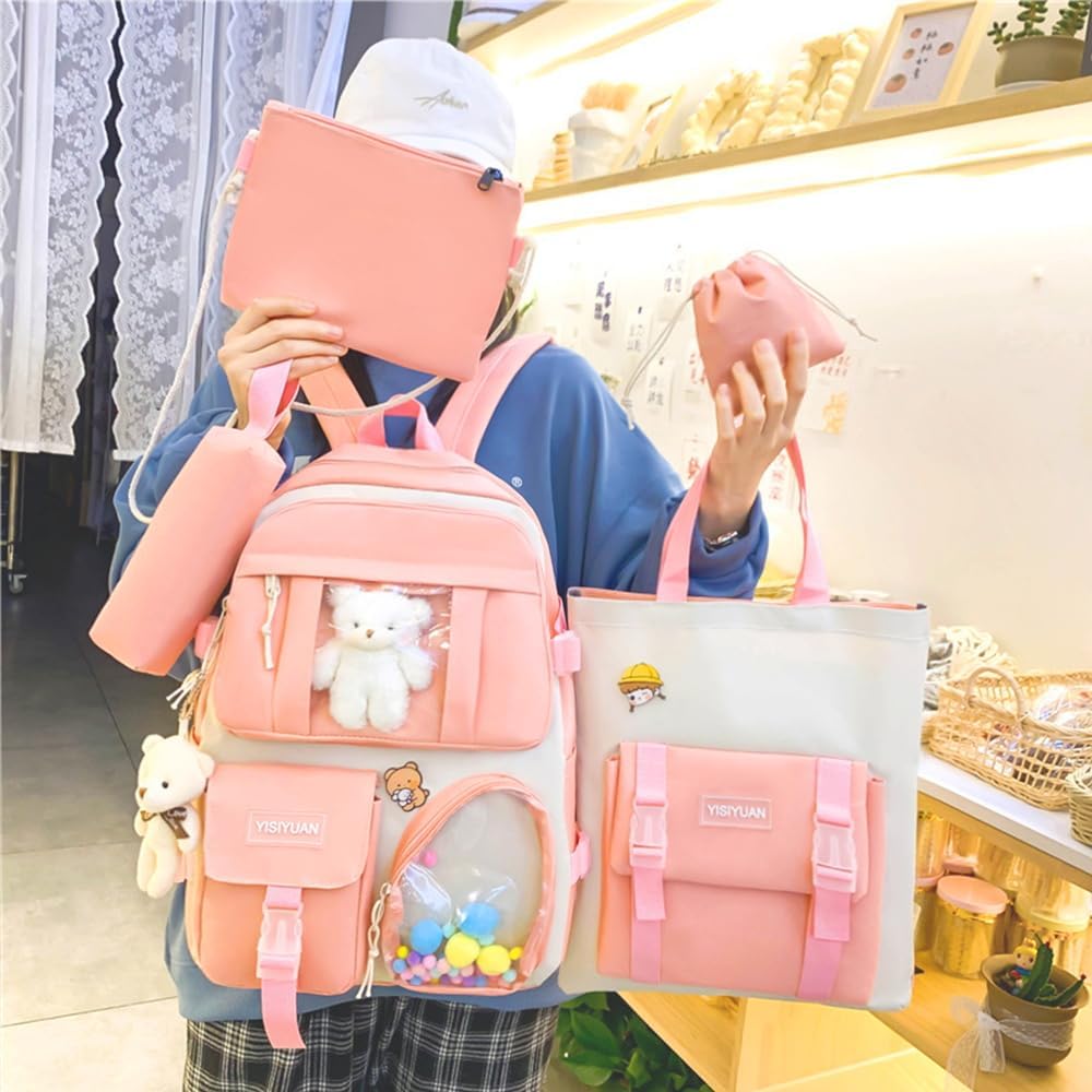 Kawaii Backpack for Girls 5 Pcs School Bookbag Cuet Kids Schoolbag with Accessories Crossbody Bags Pencil Case Handbag Coin Purse (Pink) - View 3