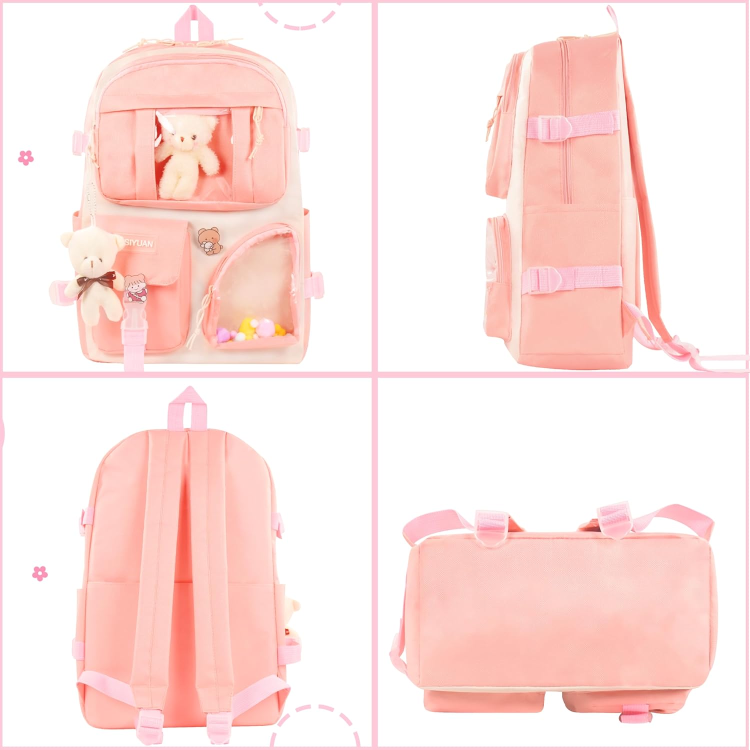 Kawaii Backpack for Girls 5 Pcs School Bookbag Cuet Kids Schoolbag with Accessories Crossbody Bags Pencil Case Handbag Coin Purse (Pink) - View 4