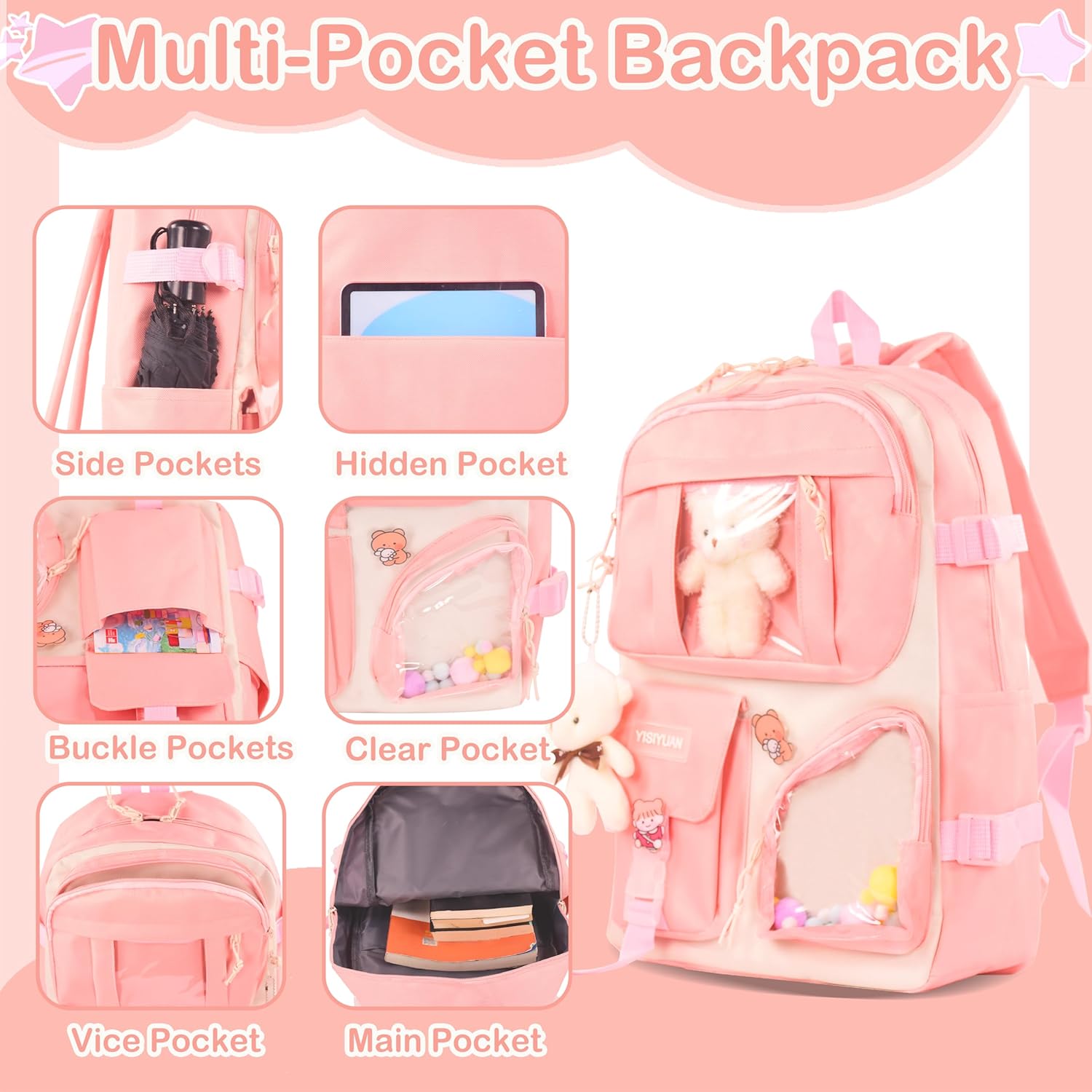 Kawaii Backpack for Girls 5 Pcs School Bookbag Cuet Kids Schoolbag with Accessories Crossbody Bags Pencil Case Handbag Coin Purse (Pink) - View 6