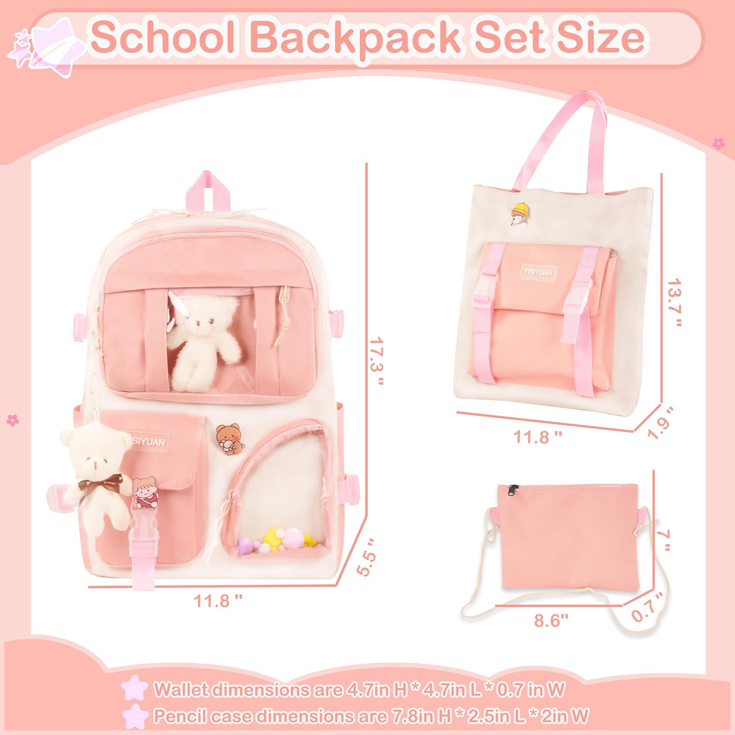 Kawaii Backpack for Girls 5 Pcs School Bookbag Cuet Kids Schoolbag with Accessories Crossbody Bags Pencil Case Handbag Coin Purse (Pink) - View 7