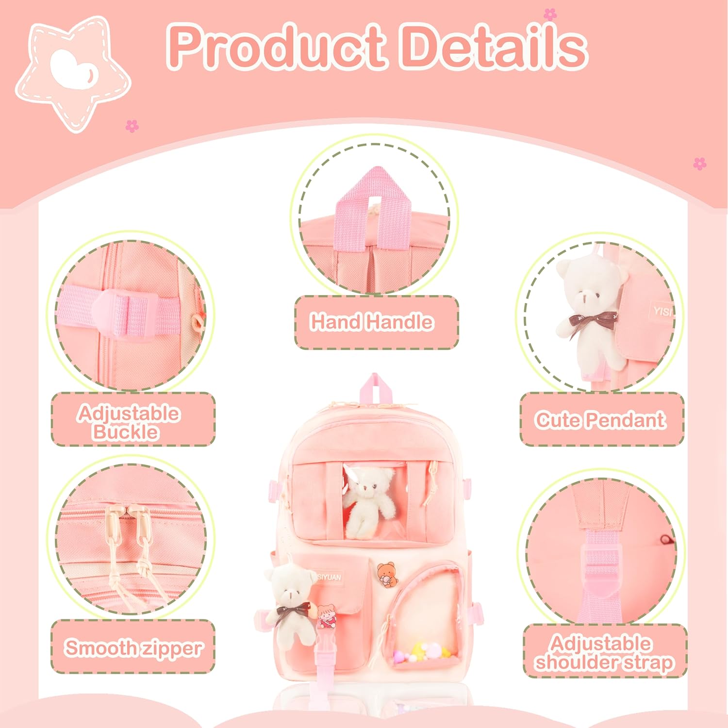Kawaii Backpack for Girls 5 Pcs School Bookbag Cuet Kids Schoolbag with Accessories Crossbody Bags Pencil Case Handbag Coin Purse (Pink) - View 8