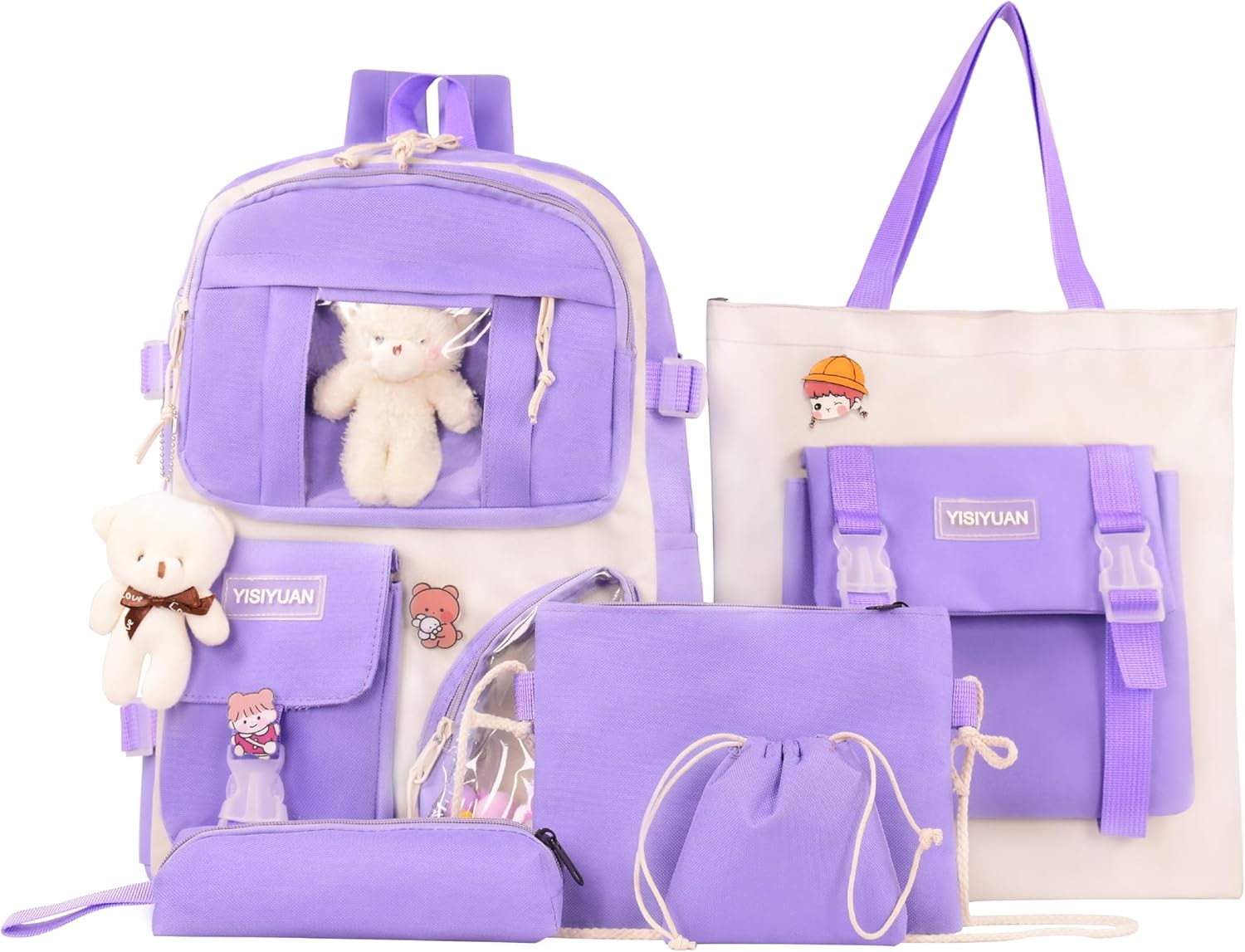 Lifelix Kawaii Backpack for Girls 5 Pcs School Bookbag Cuet Kids Schoolbag with Accessories Crossbody Bags Pencil Case Handbag Coin Purse (Purple)