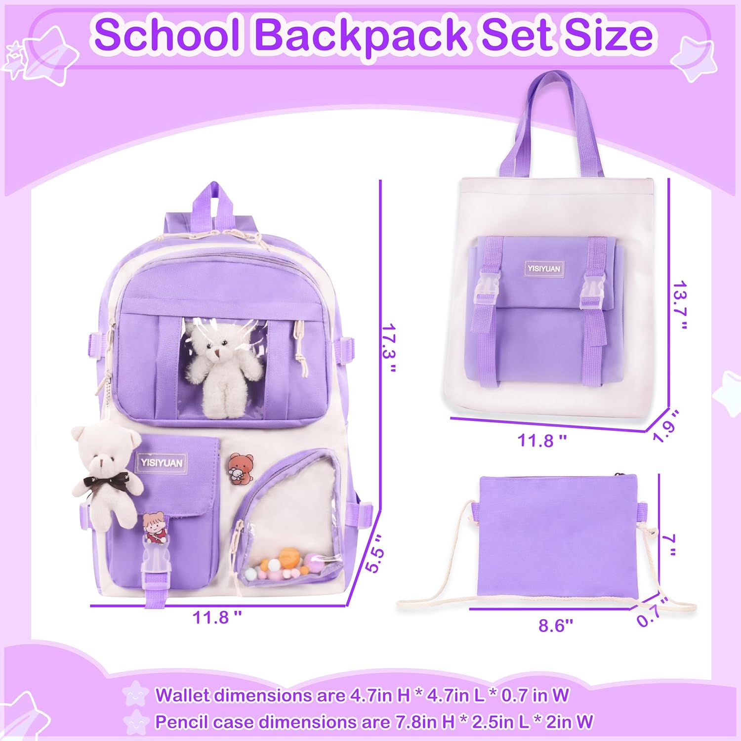 Lifelix Kawaii Backpack for Girls 5 Pcs School Bookbag Cuet Kids Schoolbag with Accessories Crossbody Bags Pencil Case Handbag Coin Purse (Purple) - View 4