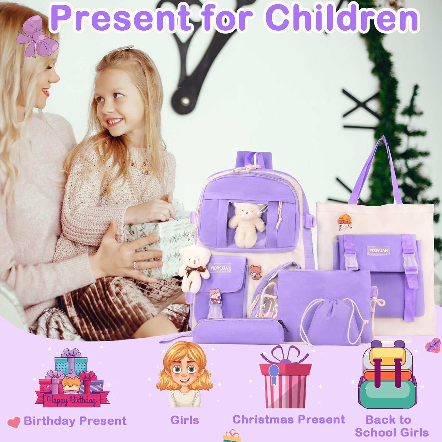 Lifelix Kawaii Backpack for Girls 5 Pcs School Bookbag Cuet Kids Schoolbag with Accessories Crossbody Bags Pencil Case Handbag Coin Purse (Purple) - View 5