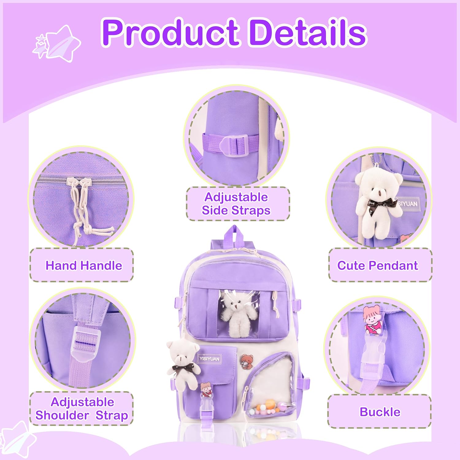 Lifelix Kawaii Backpack for Girls 5 Pcs School Bookbag Cuet Kids Schoolbag with Accessories Crossbody Bags Pencil Case Handbag Coin Purse (Purple) - View 6