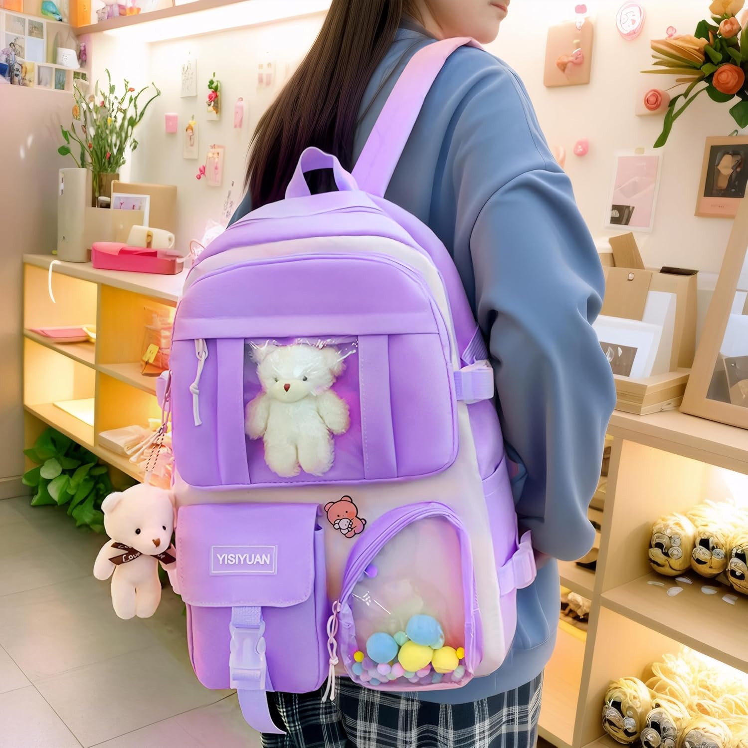 Lifelix Kawaii Backpack for Girls 5 Pcs School Bookbag Cuet Kids Schoolbag with Accessories Crossbody Bags Pencil Case Handbag Coin Purse (Purple) - View 7