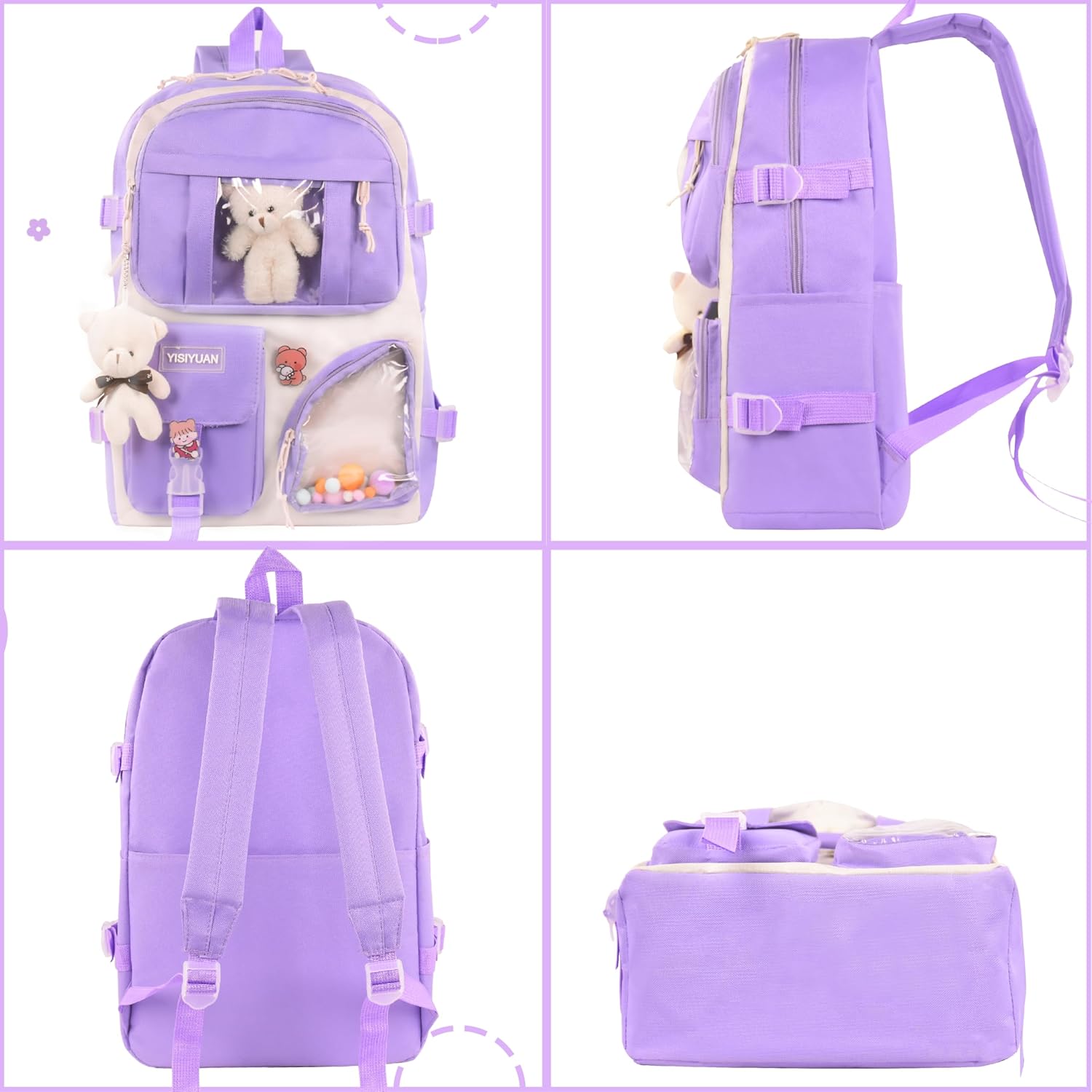 Lifelix Kawaii Backpack for Girls 5 Pcs School Bookbag Cuet Kids Schoolbag with Accessories Crossbody Bags Pencil Case Handbag Coin Purse (Purple) - View 10