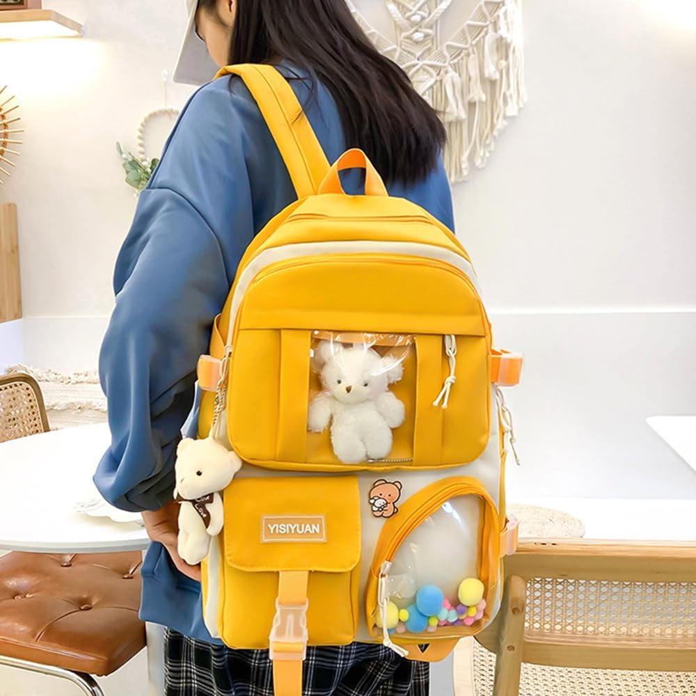 Kawaii Backpack for Girls 5 Pcs School Bookbag Cuet Kids Schoolbag with Accessories Crossbody Bags Pencil Case Handbag Coin Purse (Yellow) - View 2