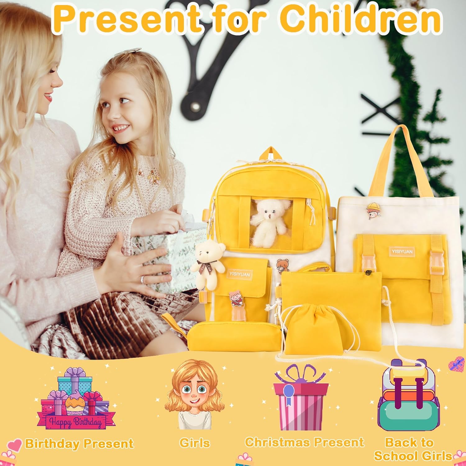 Kawaii Backpack for Girls 5 Pcs School Bookbag Cuet Kids Schoolbag with Accessories Crossbody Bags Pencil Case Handbag Coin Purse (Yellow) - View 4