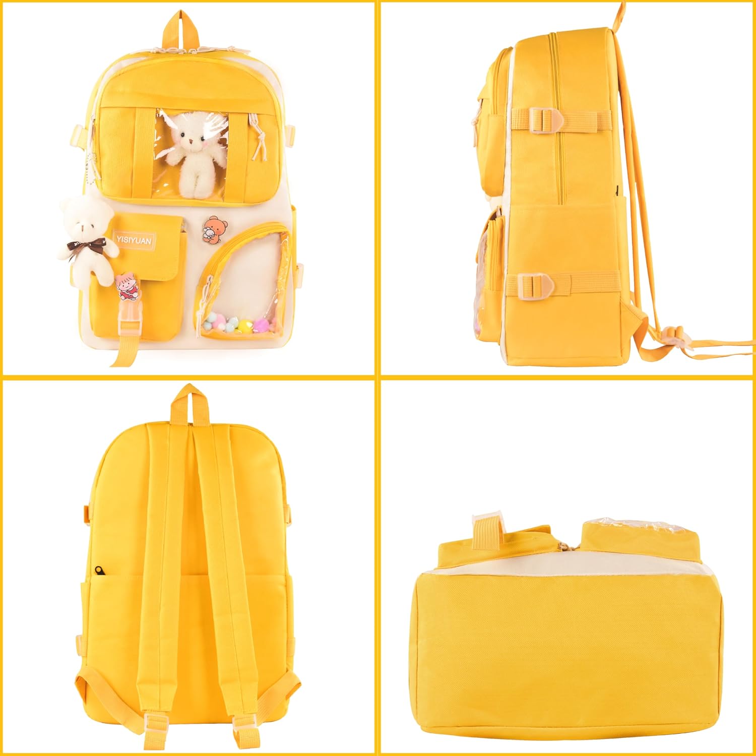 Kawaii Backpack for Girls 5 Pcs School Bookbag Cuet Kids Schoolbag with Accessories Crossbody Bags Pencil Case Handbag Coin Purse (Yellow) - View 6