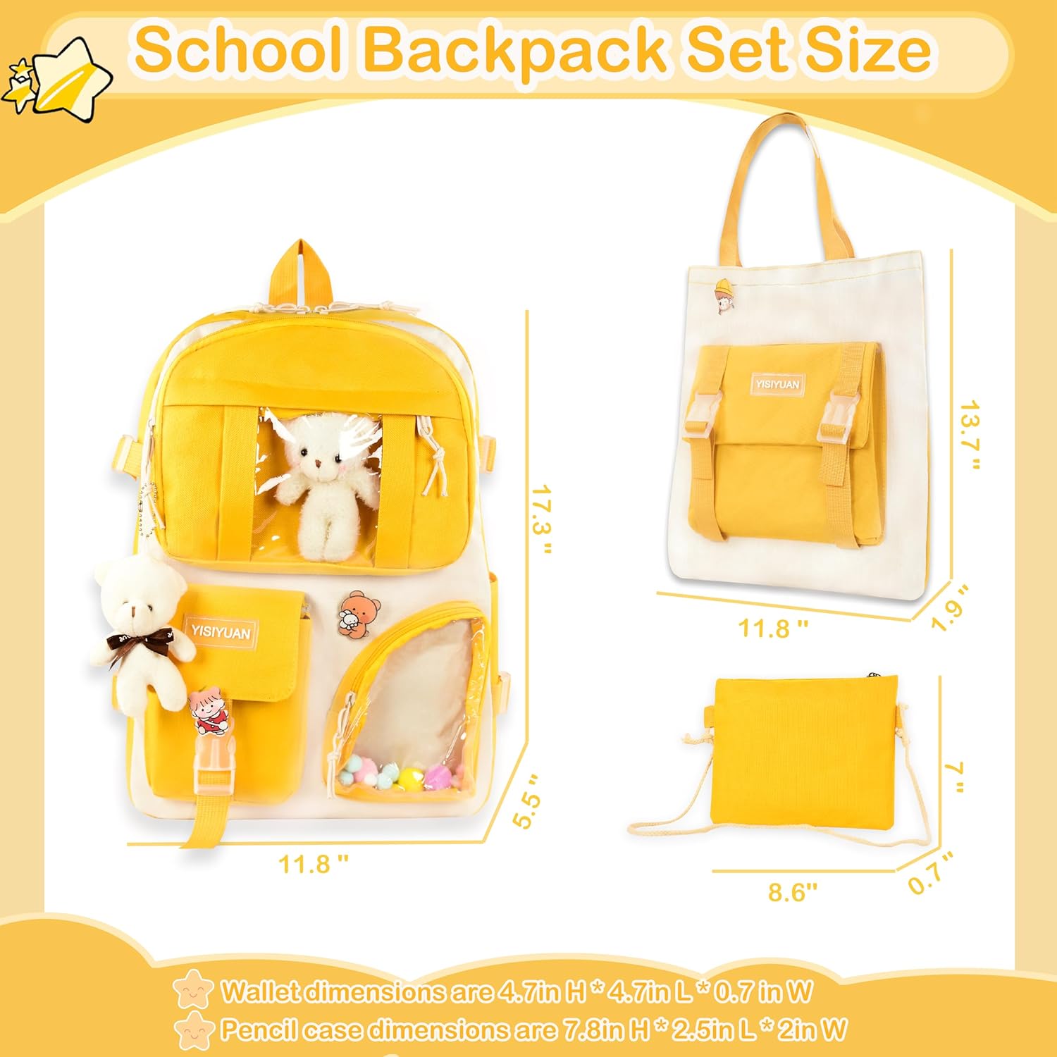 Kawaii Backpack for Girls 5 Pcs School Bookbag Cuet Kids Schoolbag with Accessories Crossbody Bags Pencil Case Handbag Coin Purse (Yellow) - View 7