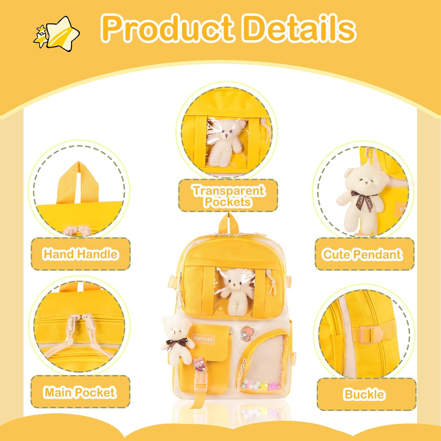 Kawaii Backpack for Girls 5 Pcs School Bookbag Cuet Kids Schoolbag with Accessories Crossbody Bags Pencil Case Handbag Coin Purse (Yellow) - View 8