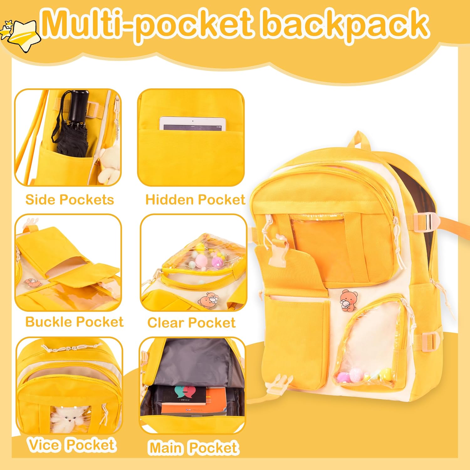 Kawaii Backpack for Girls 5 Pcs School Bookbag Cuet Kids Schoolbag with Accessories Crossbody Bags Pencil Case Handbag Coin Purse (Yellow) - View 9