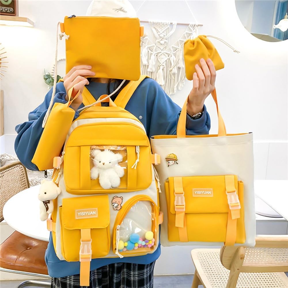 Kawaii Backpack for Girls 5 Pcs School Bookbag Cuet Kids Schoolbag with Accessories Crossbody Bags Pencil Case Handbag Coin Purse (Yellow) - View 10