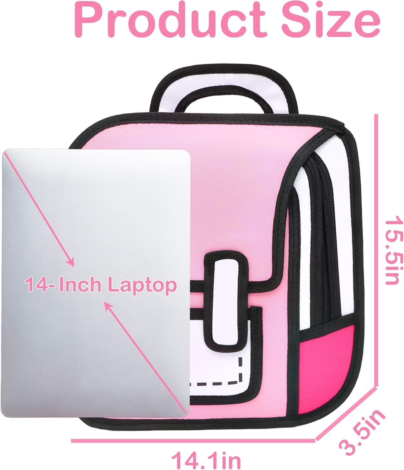 Kids Kawaii Backpack for Girls Cute Toddler 2D Cartoon Comic Paper Jump Bookbag Fun Weird School Schoolbag (Pink, Large) - View 3