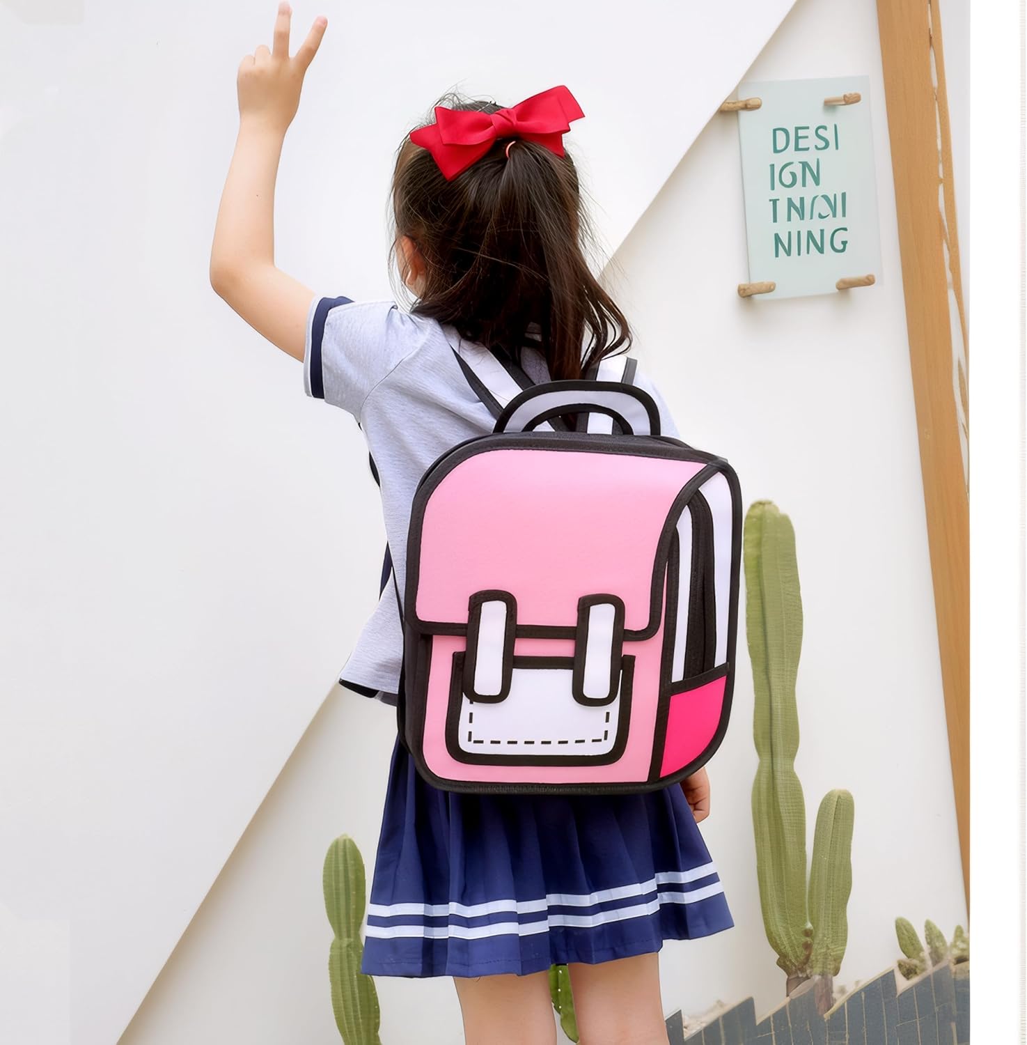 Kids Kawaii Backpack for Girls Cute Toddler 2D Cartoon Comic Paper Jump Bookbag Fun Weird School Schoolbag (Pink, Large) - View 4