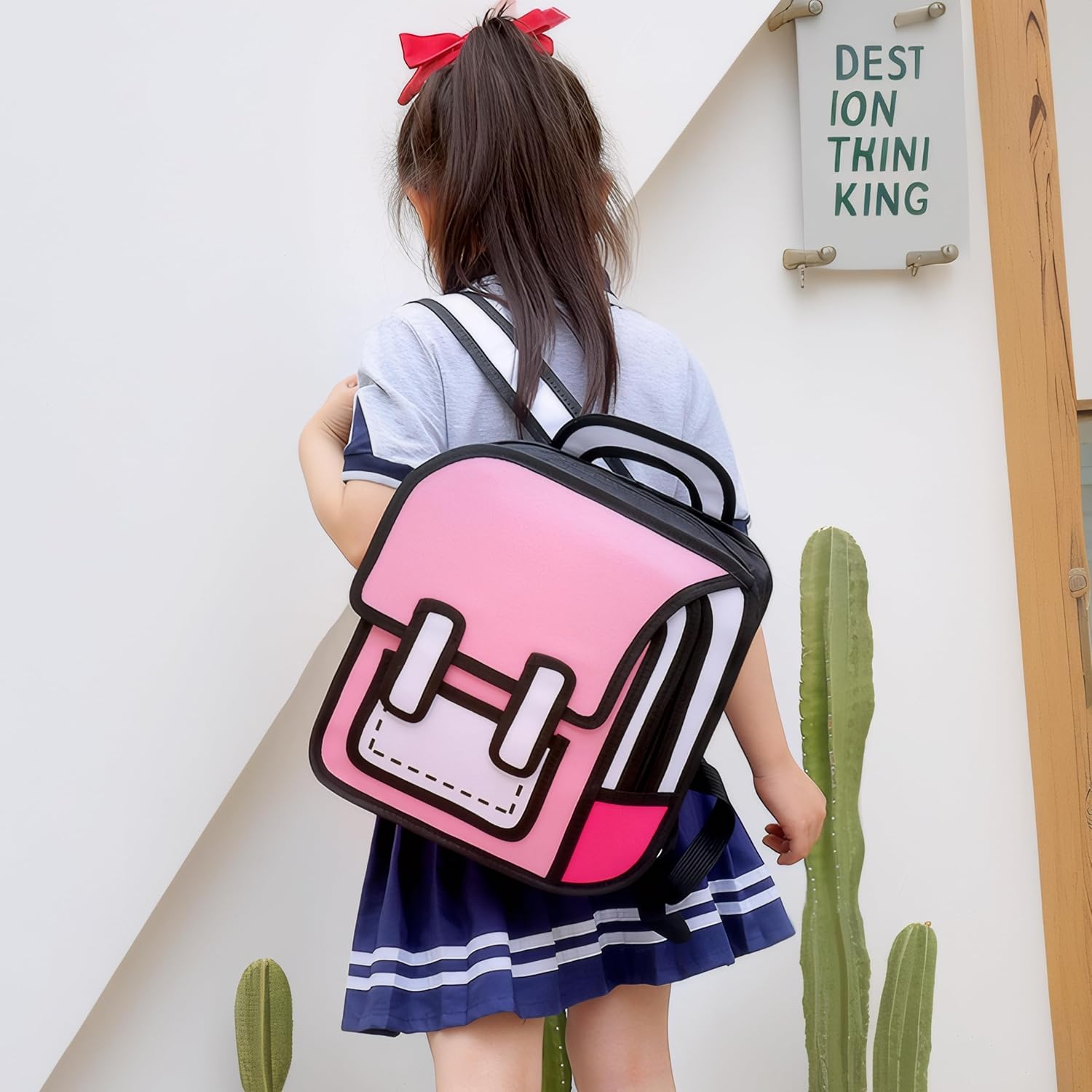 Kids Kawaii Backpack for Girls Cute Toddler 2D Cartoon Comic Paper Jump Bookbag Fun Weird School Schoolbag (Pink, Large) - View 5