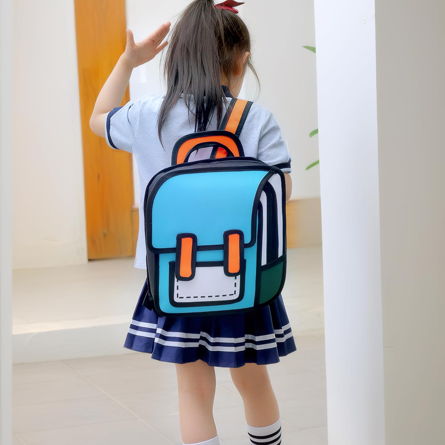 Kids Kawaii Backpack for Boys Girls Cute Toddler 2D Cartoon Comic Paper Jump Bookbag Fun Weird School Schoolbag (Blue, Large) - View 2