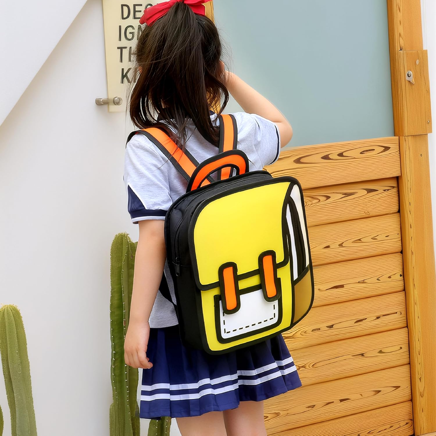 Kids Kawaii Backpack for Boys Girls Cute Toddler 2D Cartoon Comic Paper Jump Bookbag Fun Weird School Schoolbag (Yellow, Small) - View 3