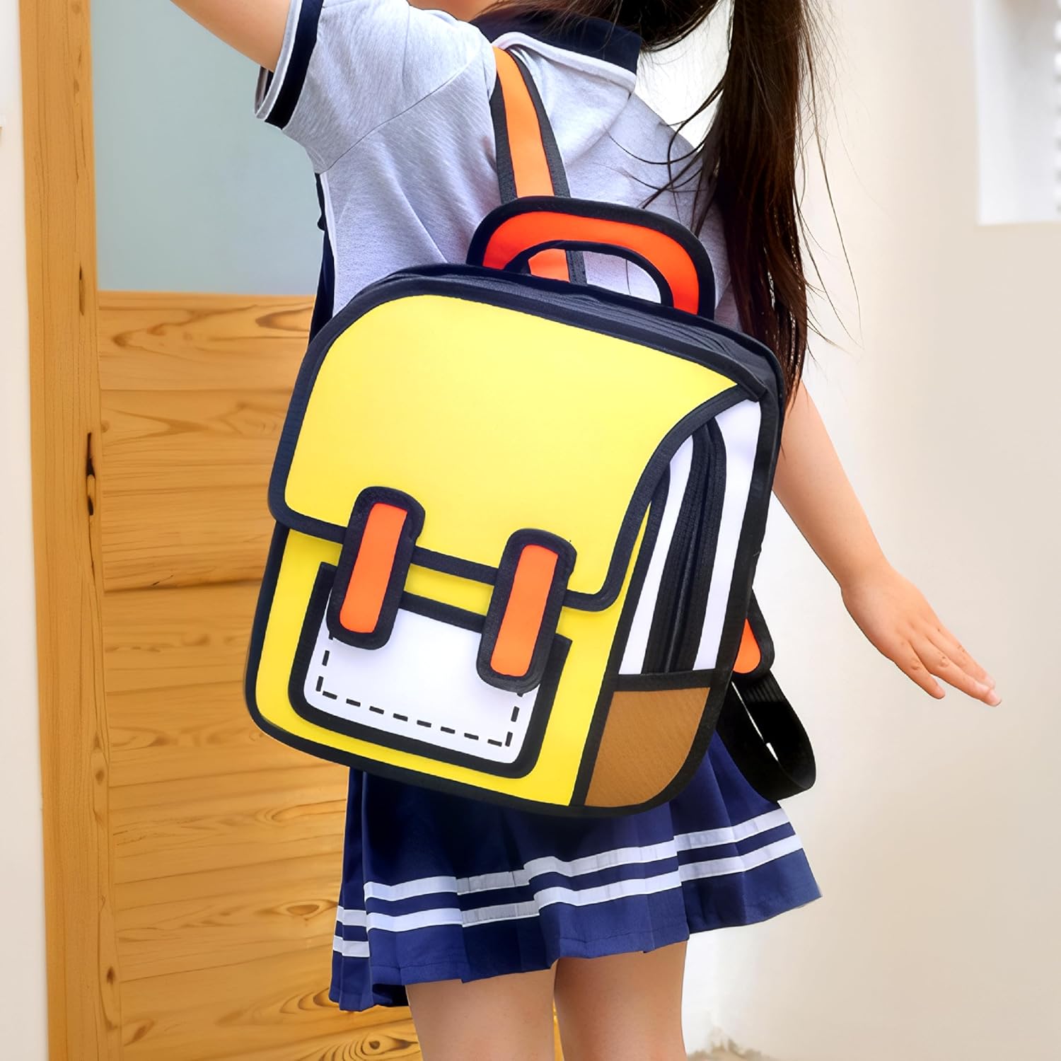 Kids Kawaii Backpack for Boys Girls Cute Toddler 2D Cartoon Comic Paper Jump Bookbag Fun Weird School Schoolbag (Yellow, Small) - View 4